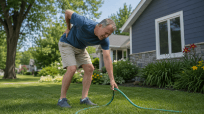 Man experiencing sudden lower back pain while bending to pick up a garden hose