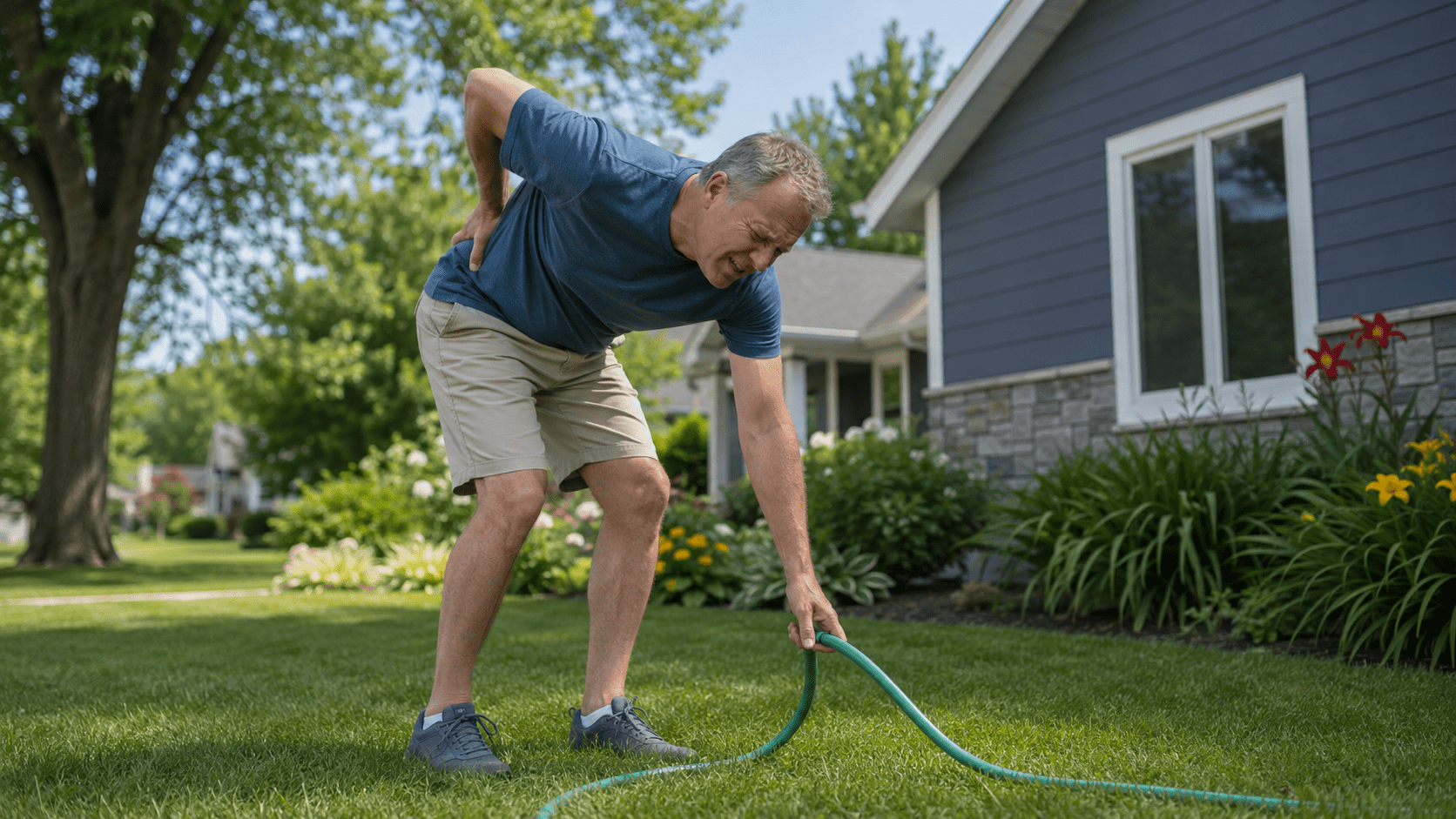 back-pain-picking-up-garden-hose-st-peter-mn Man experiencing sudden lower back pain while bending to pick up a garden hose