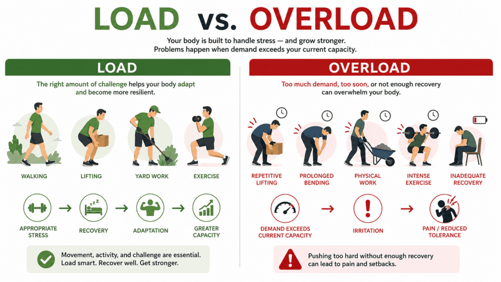 Illustration explaining the difference between healthy physical loading and overload