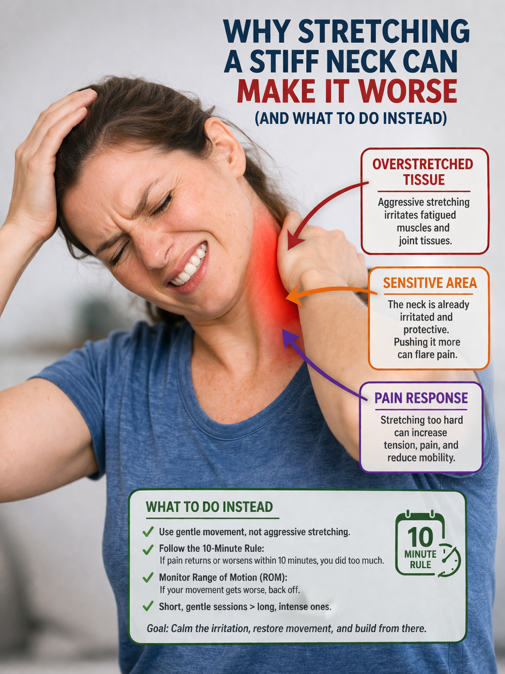 Infographic showing a woman in pain holding her neck with a diagram explaining why stretching a stiff neck can increase sensitivity and fatigue.