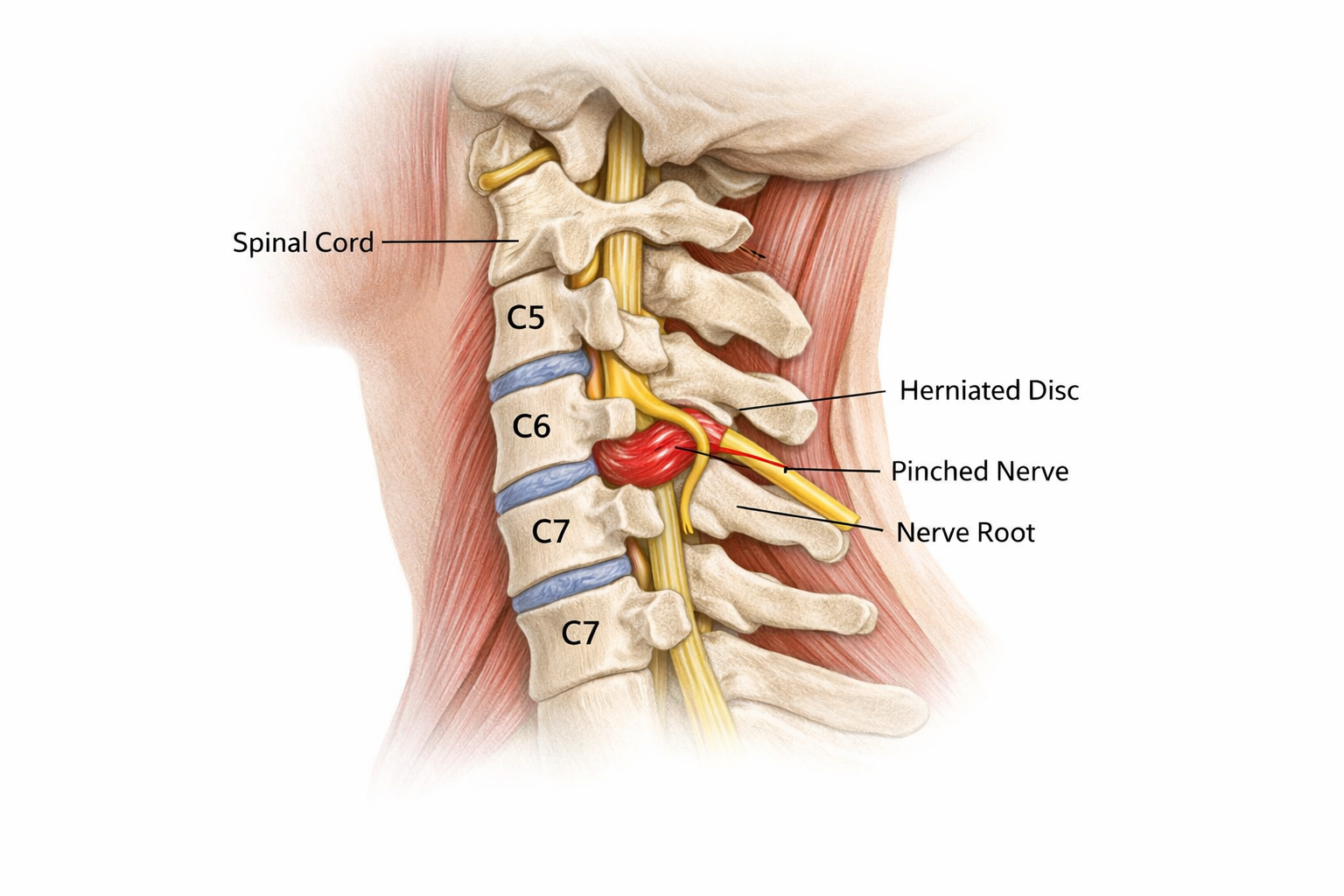Medical illustration of a cervical spine showing a herniated disc compressing a nerve root in the neck