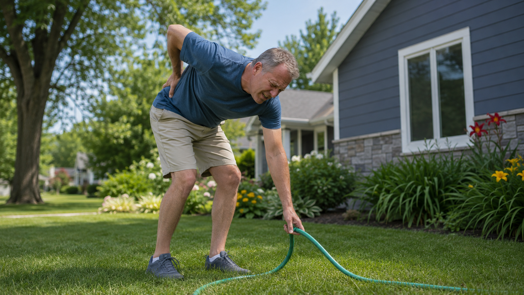 Man experiencing sudden lower back pain while bending to pick up a garden hose