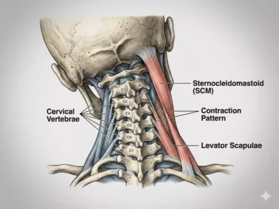 Anatomy of a stiff neck stuck to one side.