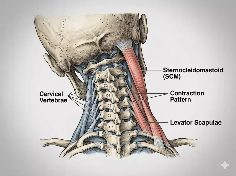 Anatomy of the cervical spine and neck muscles involved in acute torticollis.